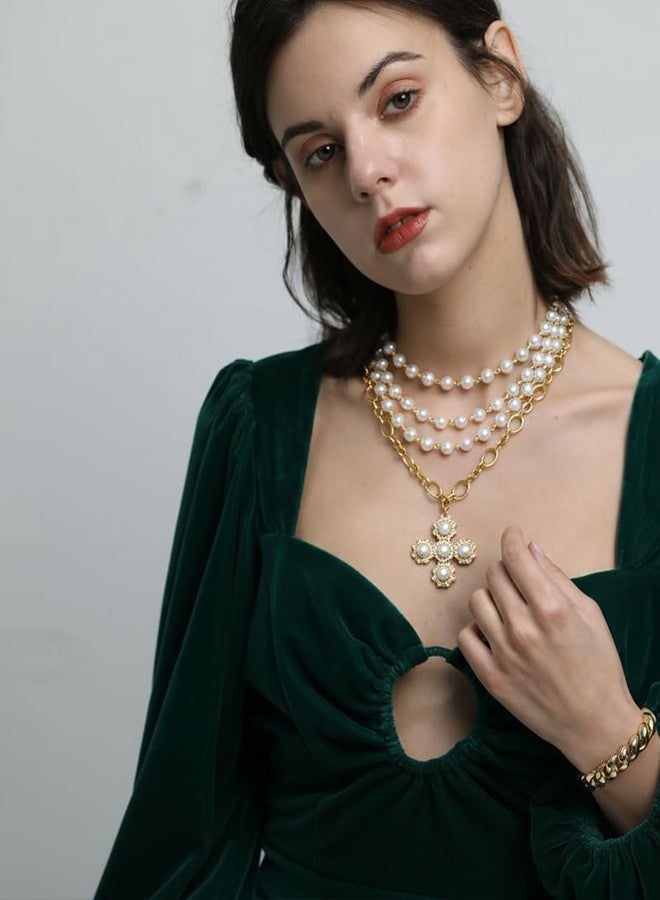 FAUTHENTICUTE Pearl Cross Necklace for Women Layered Rosary Pearl Chain With A Large Cross Pendant Halloween Goth Necklace Gift - Image 2